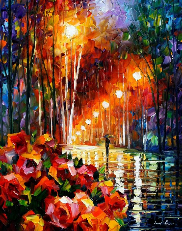 Leonid Afremov - Rózsák mellett sétálva az esőben