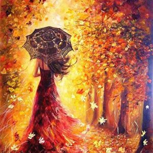 Őszi erdőben sétáló piros ruhás lány – Középhaladó