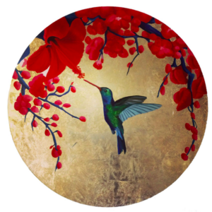 Kolibri a piros virágokkal – Kerek feszítet vászonra – Középhaladó