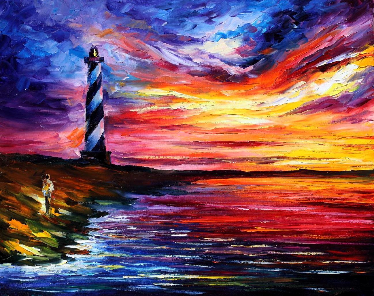 Leonid Afremov: Világítótorony a naplementében