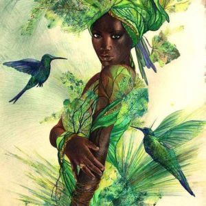 Fekete nő a kolibrikkel