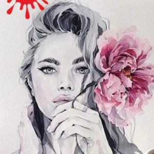 Gyönyörű nő a rózsaszín virággal – VIDEÓS festés