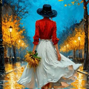 Kalapos nő piros ingben